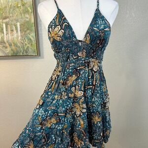 Angie Floral Boho Mini Dress Smocked Waist - Size L